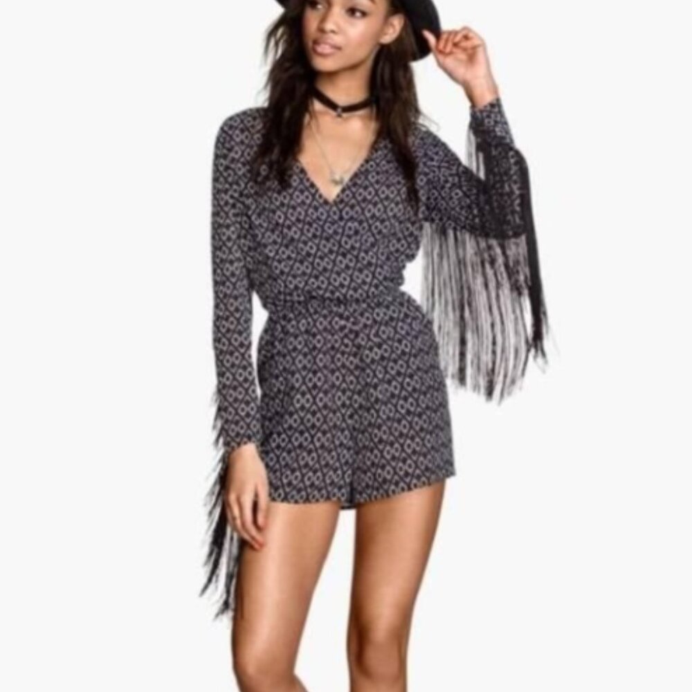 H&M X Coachella Black & White Fringe Romper Size 8 Festival Boho Western